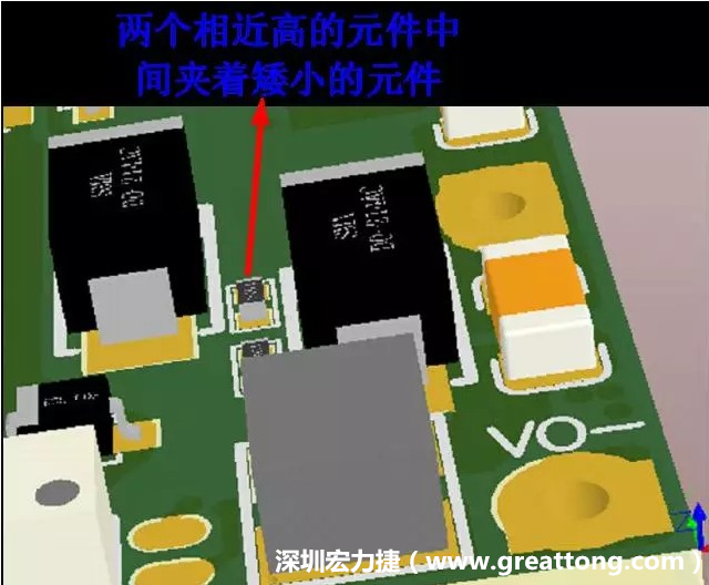 放置器件時要考慮以后的焊接和維修，兩個高度高的元件之間盡量避免放置矮小的元件