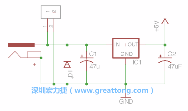 2.5.    新增一個二極體，它會以水平的狀態(tài)出現(xiàn)在屏幕上，請使用「旋轉(zhuǎn)（Rotate）」工具把它負(fù)極那一面朝上，并且用「網(wǎng)絡(luò)連接」工具將它連接在電壓調(diào)整器的輸入端和接地端之間。