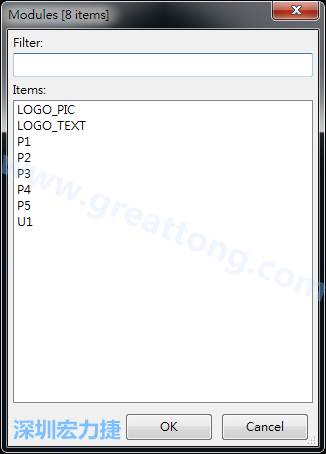 從目前正在編輯的PCB載入Module， 會顯示有那些項目可載入。點選一個， OK后即完成載入