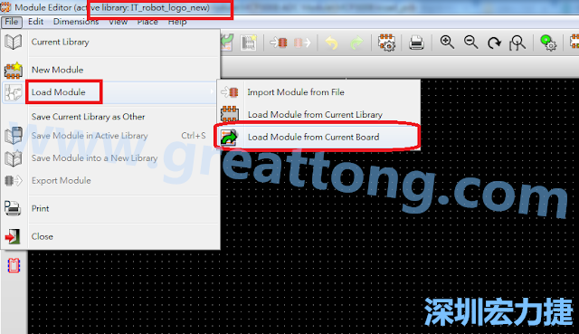 進入Module Editor去載入其他Footprint(Module)進來， 從目前的Active library (不過要先選取一個Current library ) 載入Module 或從目前正在編輯的PCB載入Module。